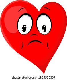 Heart red drawn by vector, cartoon with sad expression. Cheerful little man for icons or screensavers.
