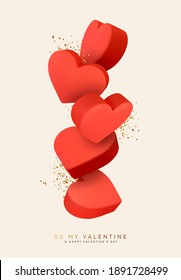 Heart red falling with gold confetti realistic 3d shapes. Design for valentine day in love. Vector illustration