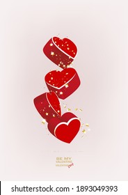 Heart red falling with gold confetti realistic 3d shapes. Design for valentine day in love. Vector illustration