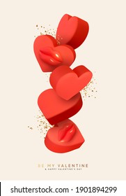 Heart red falling with gold confetti realistic, lips 3d shapes. Design for valentine day in love. Vector illustration