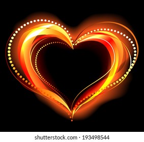 Heart of red fire on black background.