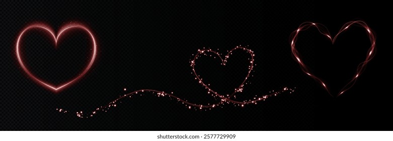 Heart red  with flashes isolated on transparent background. Light heart for holiday cards, banners, invitations. Heart-shaped neon wire glow.	
