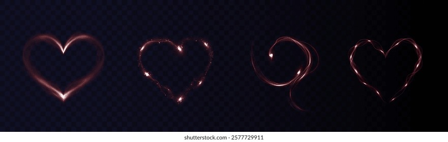 Heart red  with flashes isolated on transparent background. Light heart for holiday cards, banners, invitations. Heart-shaped neon wire glow.	
