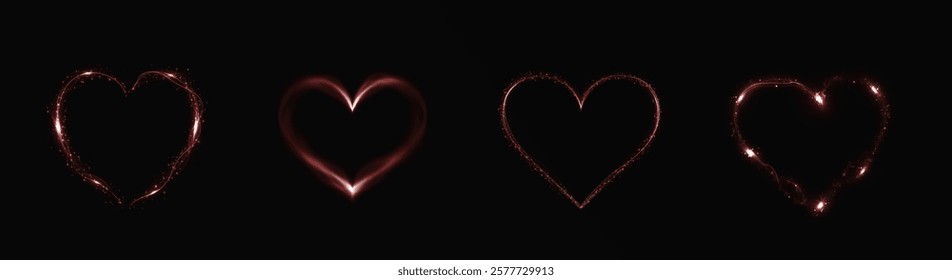 Heart red  with flashes isolated on transparent background. Light heart for holiday cards, banners, invitations. Heart-shaped neon wire glow.	
