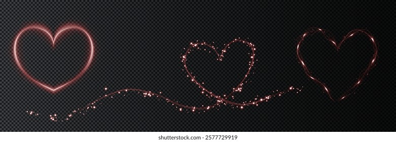 Heart red  with flashes isolated on transparent background. Light heart for holiday cards, banners, invitations. Heart-shaped neon wire glow.	
