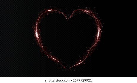 Heart red  with flashes isolated on transparent background. Light heart for holiday cards, banners, invitations. Heart-shaped neon wire glow.	
