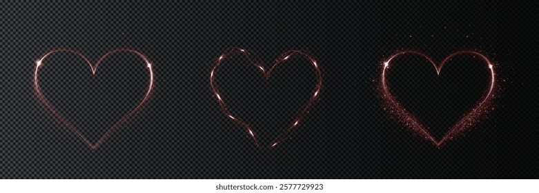 Heart red  with flashes isolated on transparent background. Light heart for holiday cards, banners, invitations. Heart-shaped neon wire glow.	
