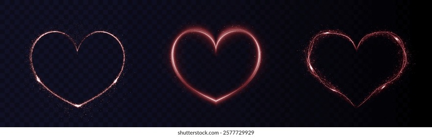 Heart red  with flashes isolated on transparent background. Light heart for holiday cards, banners, invitations. Heart-shaped neon wire glow.	
