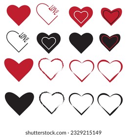 Juego de iconos de dibujos animados planos rojos. Romántico abstracto símbolo de forma diferente en San Valentín. Elemento decorativo de la plantilla del cartel de amor para la tarjeta de invitación a la boda. Isolación en ilustración vectorial blanca