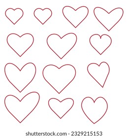 Juego de iconos de dibujos animados planos rojos. Romántico abstracto símbolo de forma diferente en San Valentín. Elemento decorativo de la plantilla del cartel de amor para la tarjeta de invitación a la boda. Isolación en ilustración vectorial blanca