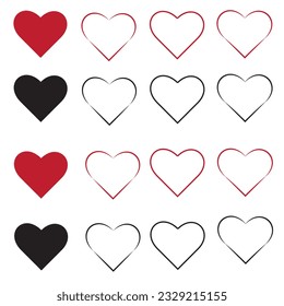 Juego de iconos de dibujos animados planos rojos. Romántico abstracto símbolo de forma diferente en San Valentín. Elemento decorativo de la plantilla del cartel de amor para la tarjeta de invitación a la boda. Isolación en ilustración vectorial blanca