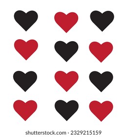 Juego de iconos de dibujos animados planos rojos. Romántico abstracto símbolo de forma diferente en San Valentín. Elemento decorativo de la plantilla del cartel de amor para la tarjeta de invitación a la boda. Isolación en ilustración vectorial blanca