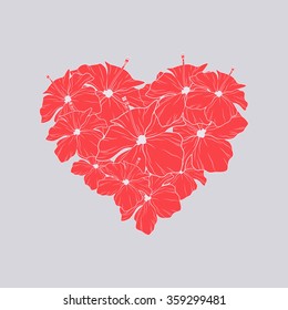 Heart of red flower on a gray background. Heart of hibiscus.