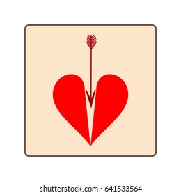 Heart red in frame isolated. Light sign on beige background. Romantic silhouette symbol linked, join, love, passion and wedding. Colorful mark of valentine day. Design element. Vector illustration