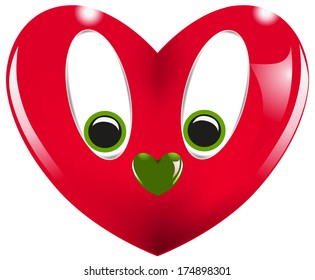 Heart in red with green eyes and heart.