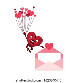 heart red with hands and envelope, design for valentines day card, banner, poster, flyer, brochure, print vector illustration design
