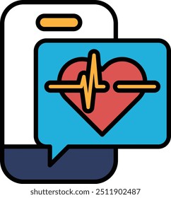 A heart with a red line on it is shown next to a phone. The heart is surrounded by a blue box and the phone is in the background. Concept of monitoring one's heart health