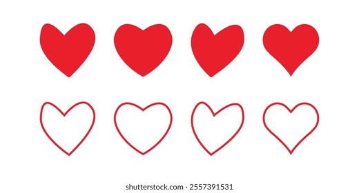 Heart, red love, romance, valentine's day, red heart icon sign symbol in difference shape. Outline solid color. Artistic red heart love symbols isolated vector illustration.