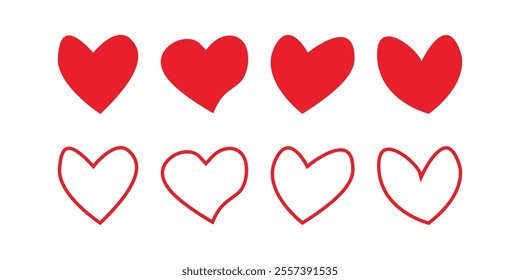 Heart, red love, romance, valentine's day, red heart icon sign symbol in difference shape. Outline solid color. Artistic red heart love symbols isolated vector illustration.