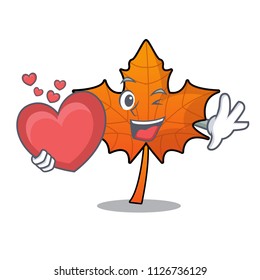 With heart red maple leaf mascot cartoon
