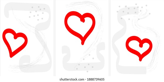 Heart red on a gray background with a simple doodle style design. Set of A4 postcards for template, design for wedding or valentine.