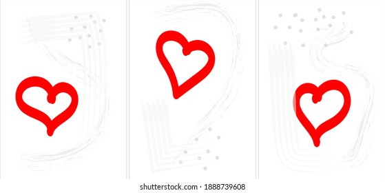 Heart red on a gray background with a simple doodle style design. Set of A4 postcards for template, design for wedding or valentine.