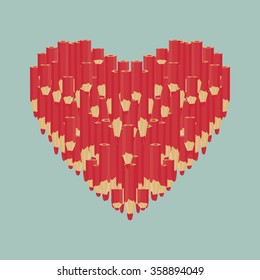 Heart of red pencils. Abstract vector art illustration.