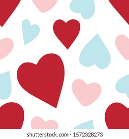 Heart red, pink and blue seamless pattern. Valentines day background for print.