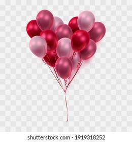 Herz von roten, rosa realistischen Ballons mit Reflex und roten Bändern. Vektorgrafik für Karte, Party, Design, Flyer, Poster, Dekor, Banner, Web, Werbung.