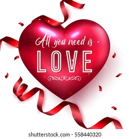 Heart with red ribbon, confetti. Vector illustration for Valentines card or love background.
