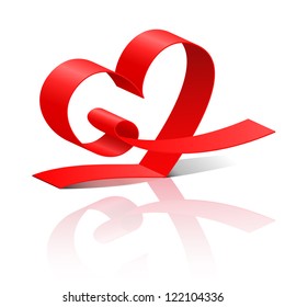 Heart from red ribbon on the white background, love symbol, vector
