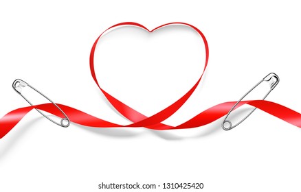 Heart of red ribbon with safety pin isolated on white background. Vector illustration, ready and simple to use for your design. It can be used for greetings, congratulations and etc. EPS10.