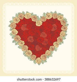 Heart of red roses framed by bright roses on lace doily, valentines day card