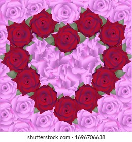 
heart of red roses on a pink background