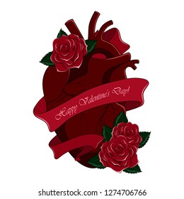 Heart with red roses and ribbon. Vector image on white background.