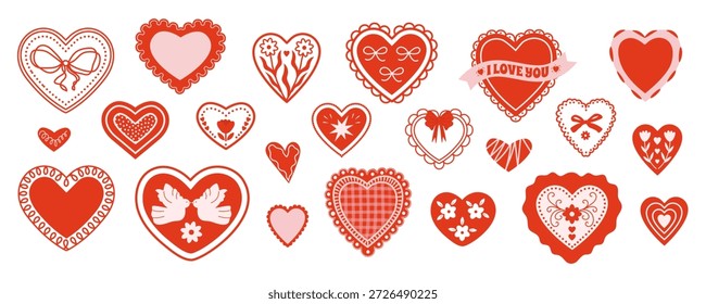 Heart red set. Hand drawn decorative hearts with bows, flowers and lace details. Whimsical romantic Valentine elements. Flat vector illustration clip-art