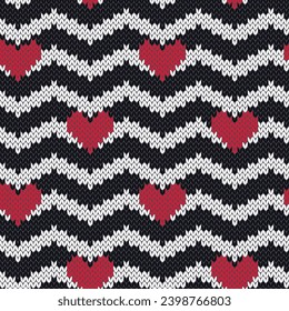 Heart red shape in chevron black and white background. Elegance Valentine knitted seamless pattern for sweater or socks design. Vector illustration.
