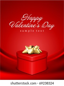 Un regalo brillante rojo cardíaco sobre fondo vectorial del día de San Valentín de seda