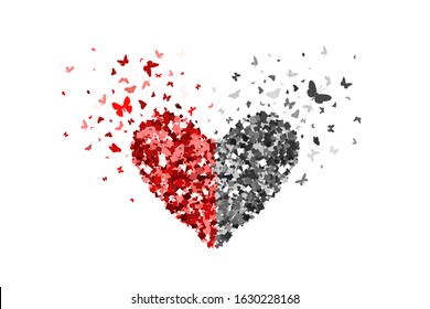 Heart red and silver glitter icon with glitter glow confetti butterflies on white background. For Valentines day, wedding invitations, cards, branding, logo, label, concept design. Vector illustration
