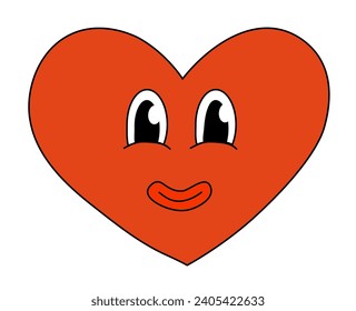 Heart Red Smile Character for Valentine Day. Mascot in groovy and Y2k style. Vector cartoon illustration.