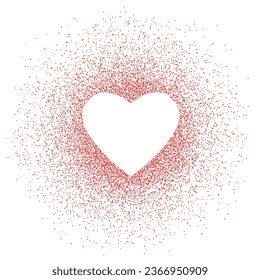 Corazón en marco de spray rojo, amor de símbolo. Patrón con chispas rojas y efecto confetti. Tarjeta de San Valentín, boda, vacaciones. Plantilla vacía para texto. Ilustración del vector