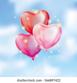 Heart Red transparent balloon on background. Frosted party balloons for event design. Balloons isolated in the air. Party decorations for birthday, anniversary, celebration. Shine transparent balloon.