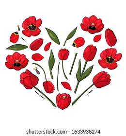 heart of red tulips set vector that consists tulip elements. Construct your own red tulip wreath. Elements for constucting easter or Valentine day cards.