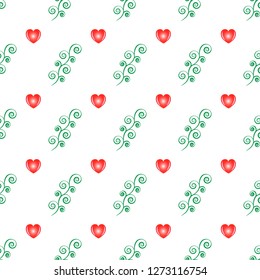 Heart red and twig seamless pattern. Fashion graphic background design. Abstract texture of valentines day. Colorful template for prints, textiles, wrapping, wallpaper, website. Vector illustration.