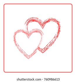 Heart red two card. Isolated mark on white background. Symbol linked, join, love, passion and wedding. Template for t shirt, apparel, card, poster, valentine day. Design element. Vector illustration