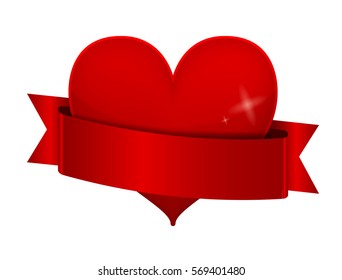 Heart with red vector ribbon illustration. horizontal banner. Bright label 
