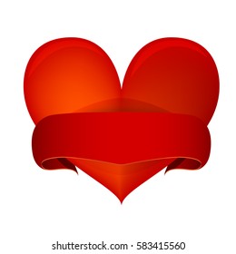 Heart with red vector ribbon illustration. horizontal banner. Bright label

