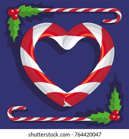 Heart & of red and white sweets sweet candy cane on blue background, illustration, vector