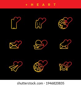 Heart related icon line. The plane from the heart, the letter, the world, etc. Colorful line icon set. Creative simple various heart icons for your web mobile app logo design. Editable vector stroke.