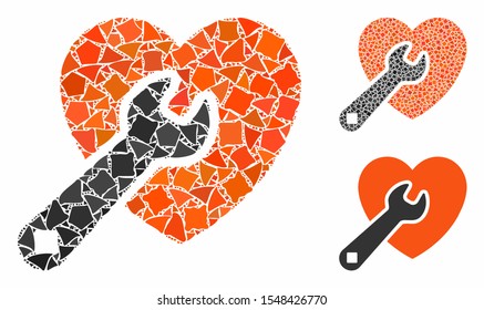 Heart repair composition of rugged items in different sizes and color tints, based on heart repair icon. Vector rugged items are organized into collage. Heart repair icons collage with dotted pattern.